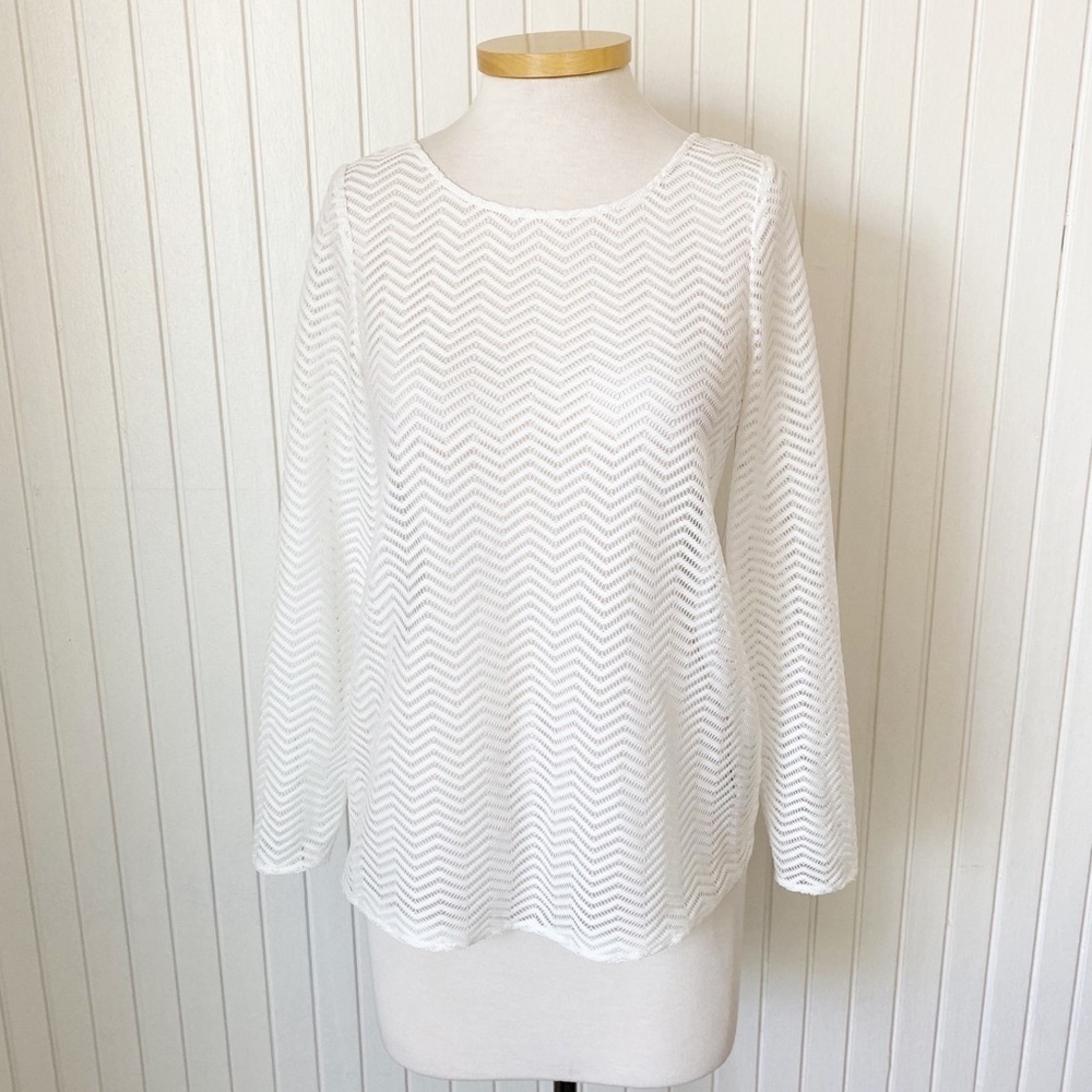 NWT Laundry by Shelli Segal Blouse Top White Chevron Open Knit Ribbon Bow Size 6